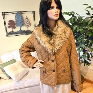 Jones New York Tan Quilted Jacket Faux Fur Collar, Size 14